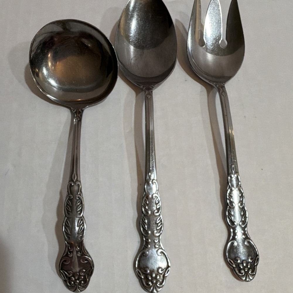 National Stainless Steel Serving Spoon, gravy ladle , and Fork Floral Handle